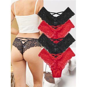 8 Pcs Floral Lace Panties, Sexy Criss Cross Hollow Scallop Trim Semi Panties